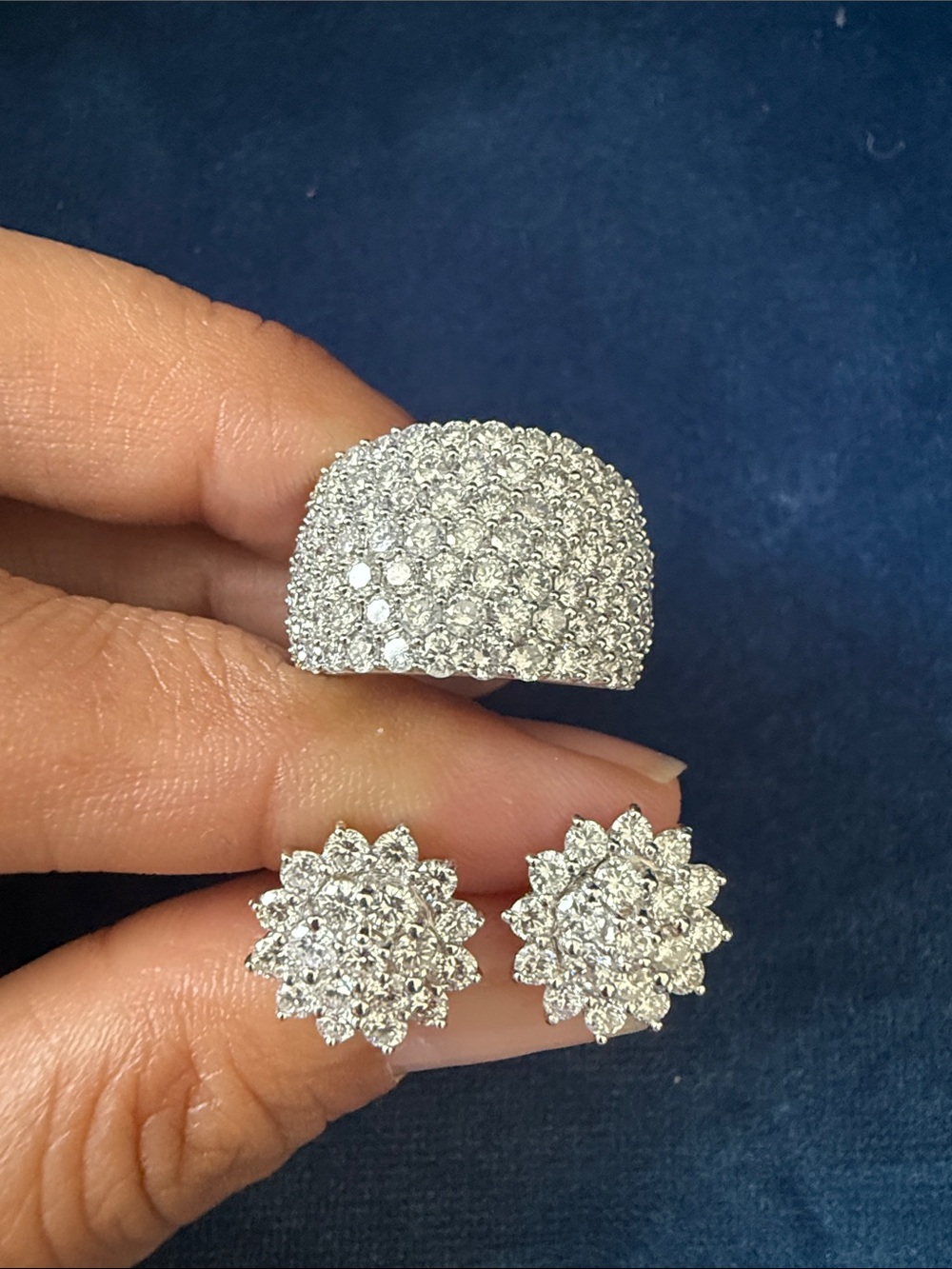 Diamond Pave Dome Ring and Flower Cluster Earrings Set - Silver Tone